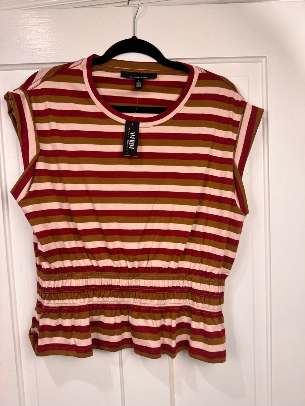 Wilfred Striped Short Sleeve Peplum Top - Pink, Brown & Olive